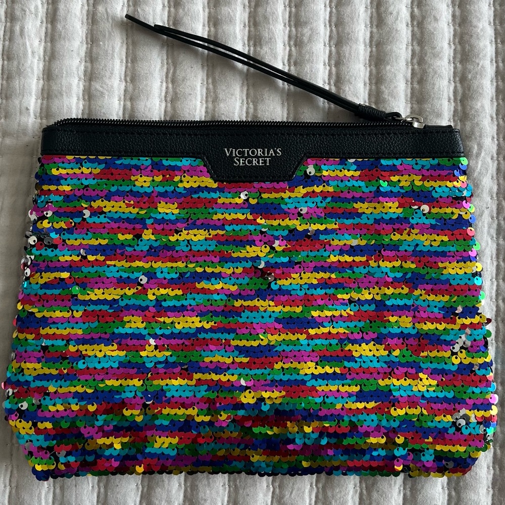 victoria’s secret | rainbow sequin makeup bag clutch NEW